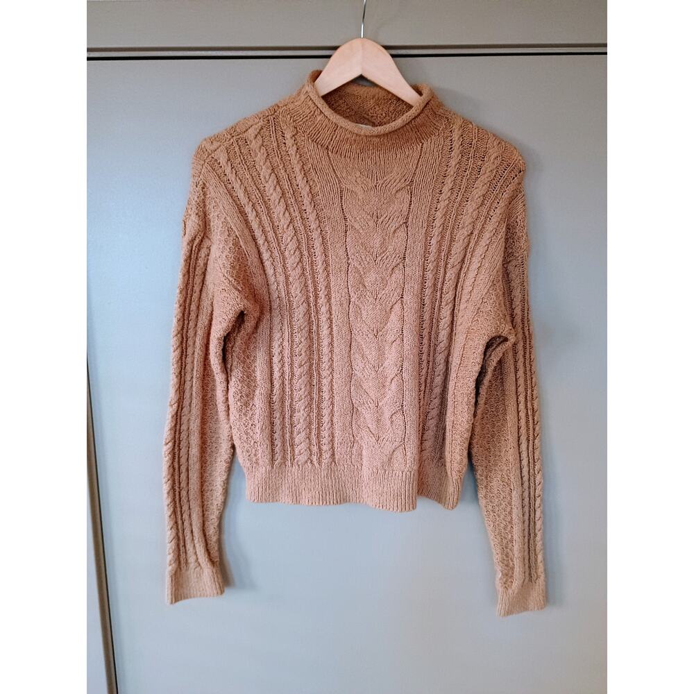 J.Crew Women's fisherman Cable Knit Mock Neck neutral tan quiet Luxury Sweater